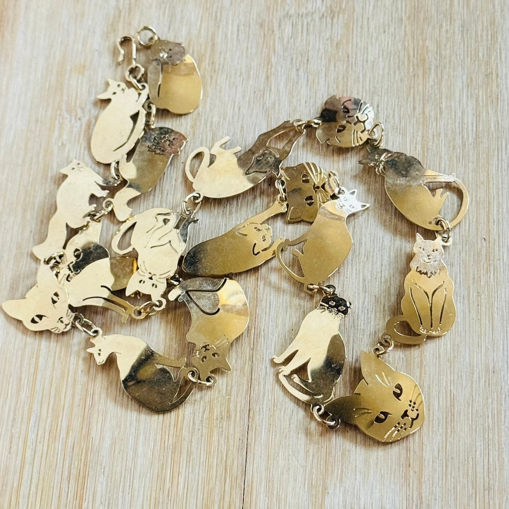 VTG Kitschy Wild Bryde Cat Necklace 14K Gold Plated Hammered Textured Signed 22"